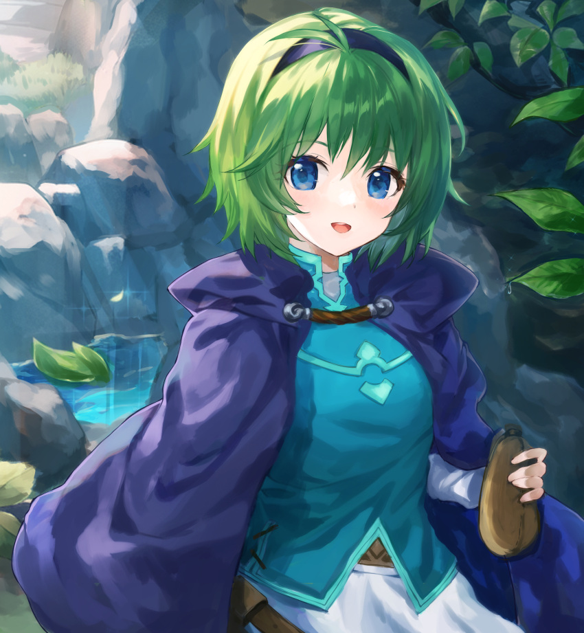 1girl :d blue_eyes cape dress fire_emblem fire_emblem:_the_blazing_blade green_hair hairband highres jurge leaf long_dress looking_at_viewer nino_(fire_emblem) purple_cape purple_hairband short_hair smile solo tagme upper_body water white_dress