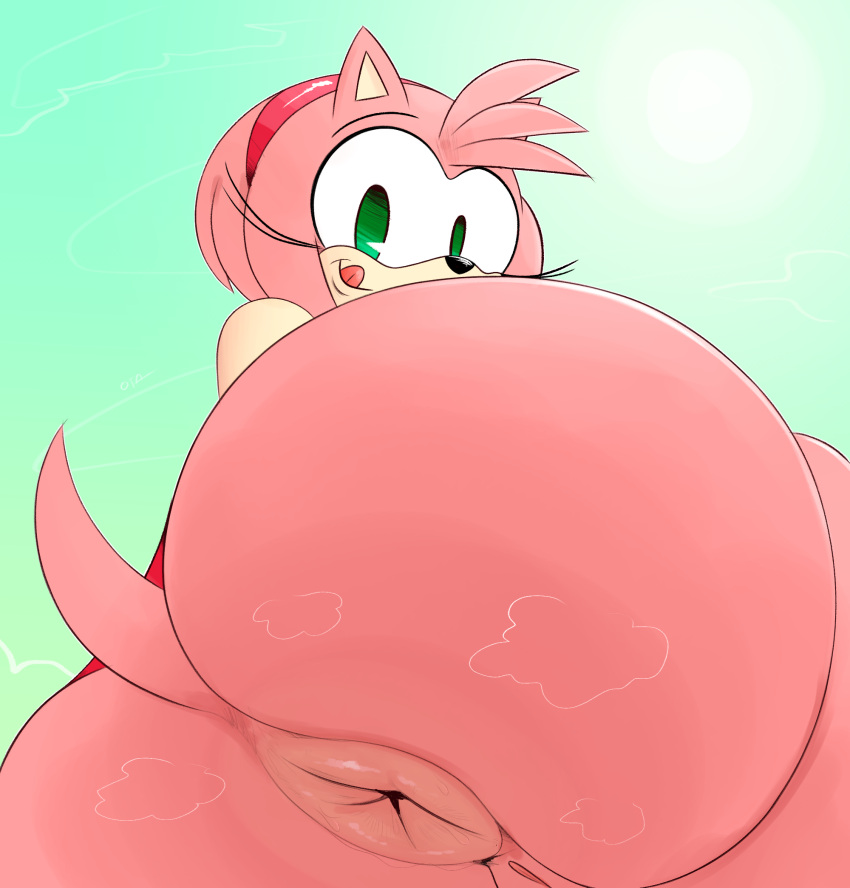 2020 accessory amy_rose anthro anus big_anus big_butt butt colored digital_media_(artwork) eulipotyphlan female fur genitals hair headband hedgehog hi_res licking licking_lips licking_own_lips looking_at_viewer looking_down mammal mostly_nude musk ota_(artist) pink_body presenting presenting_hindquarters puffy_anus pussy sega self_lick simple_background smile solo sonic_the_hedgehog_(series) steam tongue tongue_out view_from_below