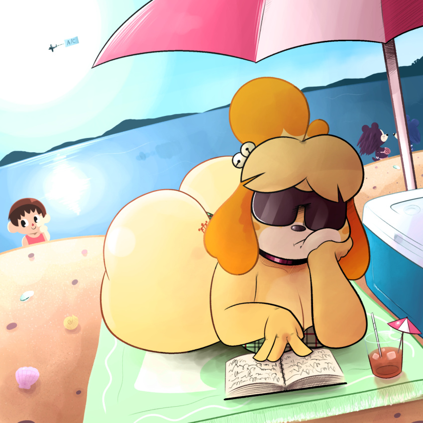 1:1 aircraft airplane alcohol animal_crossing anthro beach beach_towel beach_umbrella beverage big_breasts big_butt bikini bikini_thong book breasts butt canid canine canis cleavage clothed clothing cooler day domestic_dog eulipotyphlan eyewear female female_focus floppy_ears group hedgehog hi_res huge_butt human isabelle_(animal_crossing) lying mabel_able male mammal nintendo on_front ota_(artist) outside reading sable_able seaside shih_tzu solo_focus sunglasses swimwear tattoo thick_thighs towel toy_dog umbrella villager_(animal_crossing) whiskey wide_hips