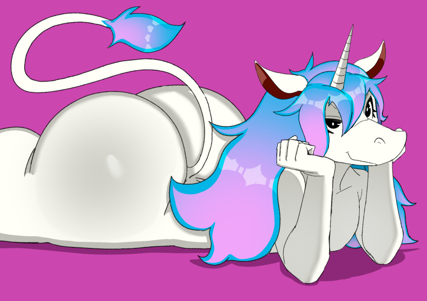 andy_(thirstydraws) big_butt butt butt_focus cherryfox73 equid equine hair hi_res horn huge_butt long_tail looking_at_viewer lying male mammal multicolored_hair nude on_front simple_background smile solo tail tail_tuft thick_thighs tuft unicorn