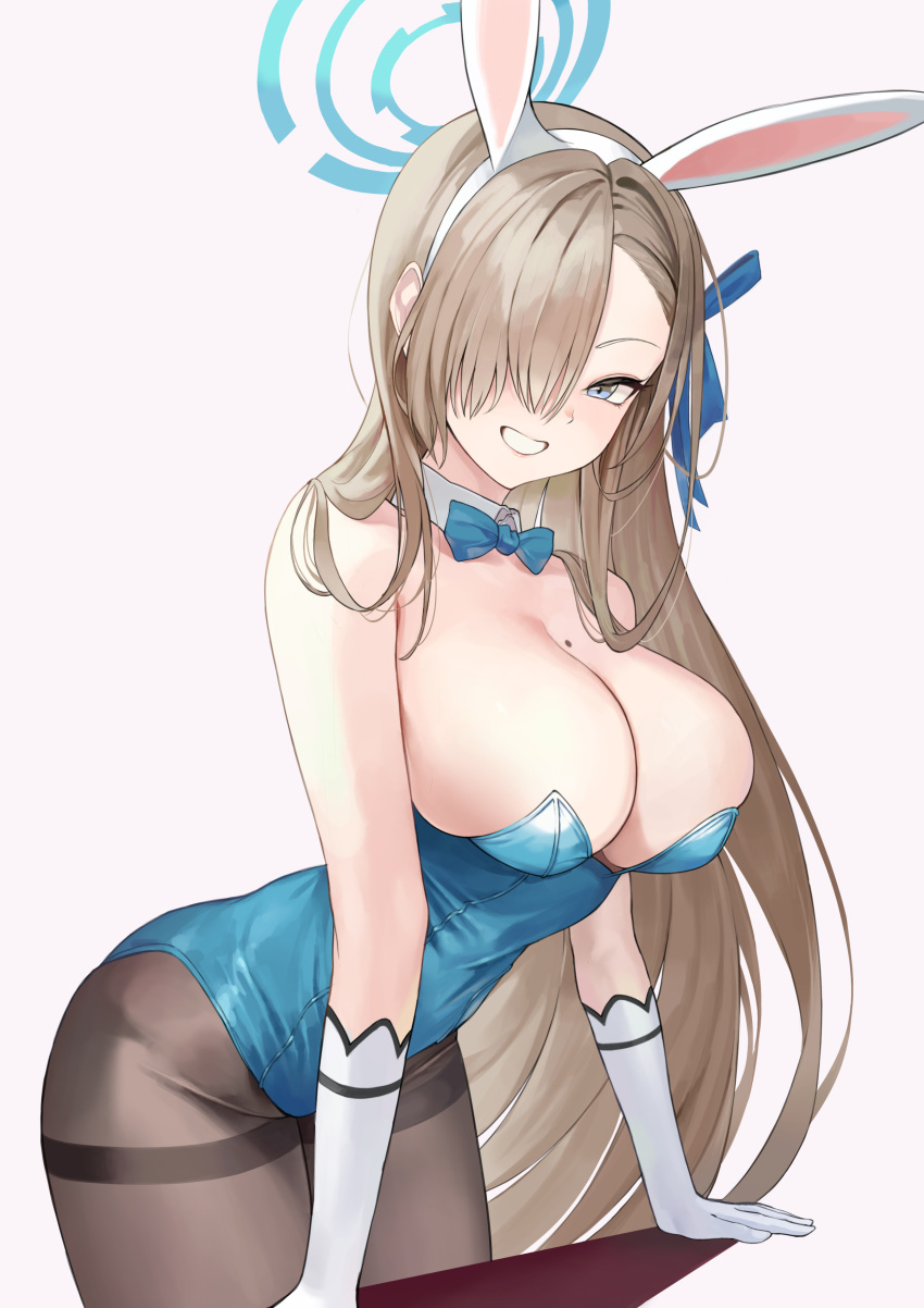 absurdres animal_ears aqua_leotard asuna_(blue_archive) bangs blue_archive blue_bow blue_bowtie blue_eyes bow bowtie breasts cleavage cowboy_shot detached_collar elbow_gloves fake_animal_ears gloves grin hair_over_one_eye hair_ribbon halo highleg highleg_leotard highres large_breasts leotard light_brown_hair mole mole_on_breast official_alternate_costume pantyhose playboy_bunny rabbit_ears renko_122 ribbon smile strapless strapless_leotard swept_bangs thighband_pantyhose traditional_bowtie undersized_breast_cup