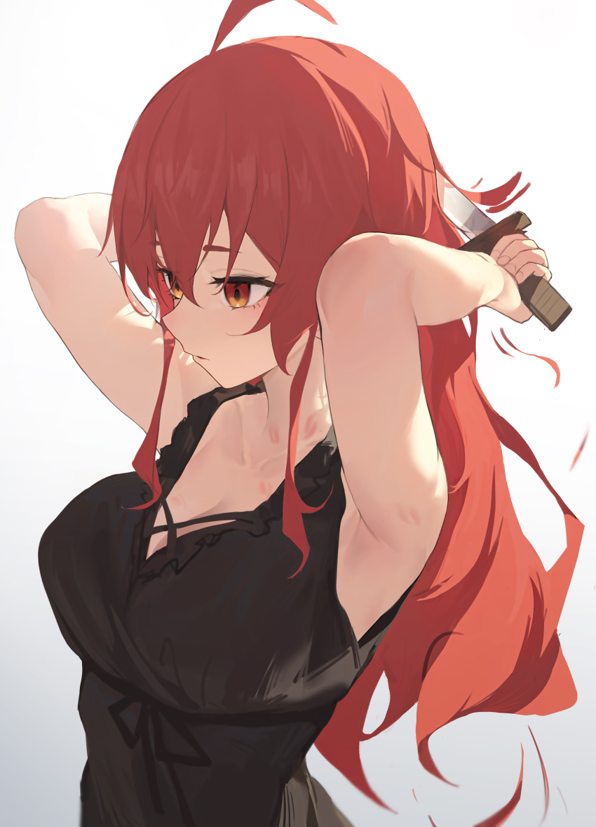 1girl absurdres ahoge armpits black_dress breasts cleavage dress eris_greyrat gradient gradient_background grey_background hair_between_eyes hickey highres holding holding_knife knife long_hair medium_breasts mushoku_tensei parted_lips red_eyes red_hair shenqi_de_(9) sleeveless sleeveless_dress solo upper_body