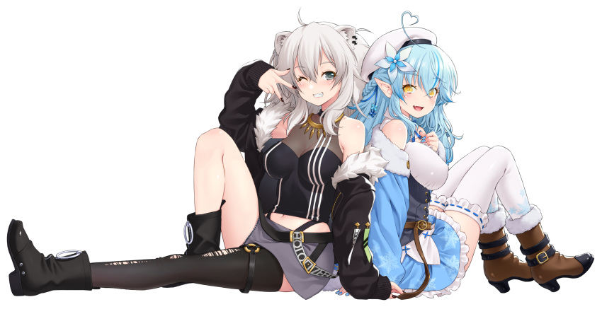 2girls :d absurdres ahoge animal_ears back-to-back black_jacket black_nails black_thighhighs blue_hair blue_nails boots breasts brown_footwear clenched_teeth fingernails flower fur-trimmed_jacket fur_trim grey_hair grey_skirt hair_between_eyes hair_flower hair_ornament highres hololive jacket kazuma_muramasa large_breasts lion_ears lion_girl lion_tail long_hair looking_at_viewer medium_breasts multiple_girls nail_polish navel one_eye_closed open_mouth pointy_ears shishiro_botan simple_background sitting skirt smile tail teeth thighhighs virtual_youtuber white_background white_headwear yellow_eyes yukihana_lamy