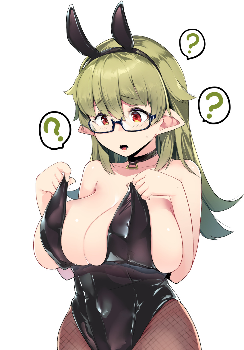 1girl ? absurdres animal_ears bare_shoulders breasts choker collarbone commentary_request fishnet_pantyhose fishnets green_hair highres large_breasts long_hair muneshiro_(hitsuji_kikaku) orange_eyes original pantyhose playboy_bunny pointy_ears rabbit_ears solo spoken_question_mark sweatdrop underbite undersized_clothes