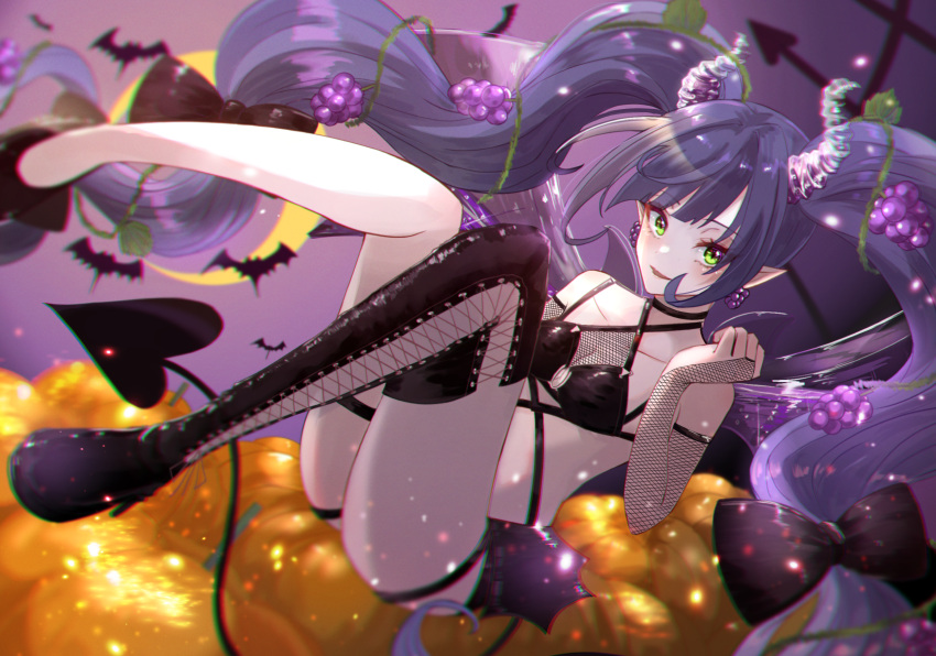 1girl asymmetrical_legwear bangs bat_(animal) blush boots bow breasts bridal_gauntlets chromatic_aberration cleavage cross-laced_slit demon demon_girl demon_horns demon_tail fishnet_gloves fishnets flats food-themed_hair_ornament gloves grape_earrings grape_hair_ornament green_eyes hair_bow hair_ornament hair_vines halterneck highres horns legs_up lingerie long_hair looking_at_viewer moon open_mouth original pointy_ears pumpkin purple_hair smile solo ssn_(sasa8u9r) tail thigh_boots twintails underwear very_long_hair wavy_hair