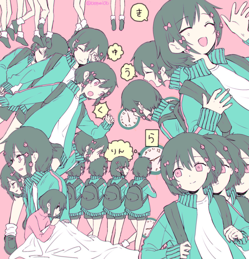 1girl afterimage backpack bag bangs bed_sheet black_bag black_hair black_shorts blue_jacket bow clock closed_eyes crying crying_with_eyes_open flower from_behind girl_(kyu-kurarin) hair_behind_ear hair_bow hair_flower hair_ornament hands_on_own_knees hands_up head_out_of_frame highres implied_suicide jacket knees_up kyu-kurarin_(cevio) laughing long_sleeves looking_back loose_socks multiple_hair_bows multiple_views onaji_(10equal06) open_clothes open_jacket open_mouth pajamas pink_bow pink_eyes pink_flower pink_pajamas profile rubbing_eyes shirt shoes short_hair shorts sitting smile socks song_name swept_bangs tears track_jacket twitter_username upper_body white_shirt