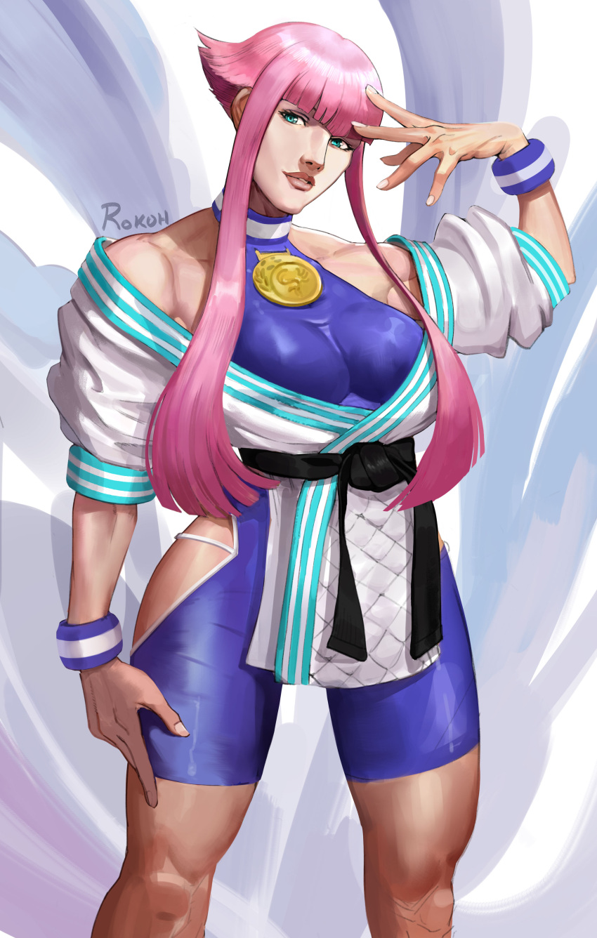 1girl absurdres blue_eyes dougi hand_on_own_face highres hime_cut hip_vent manon_(street_fighter) martial_arts_belt muscular muscular_female pink_hair robert_koh spandex street_fighter street_fighter_6 wristband