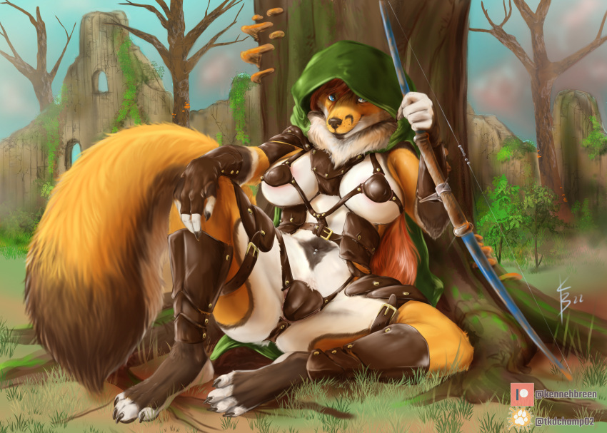 absurd_res anthro armor bent_legs bow_(disambiguation) breasts canid canine cloak cloaked clothing cover crotch eager fluffy forest fox furry harness hi_res horny invalid_tag kennehbreen leah_(disambiguation) leah_pendragon leather leather_clothing leather_harness leather_straps legs lewd_(disambiguation) lust mammal medieval nipples nude outside pendragon plant plate plate_armor relaxing rest semi-naked sex spread_legs spreading straps tail tree