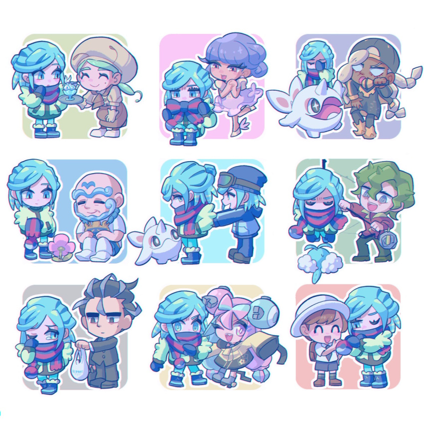 4girls 5boys aged_down apron ascot asymmetrical_hair backpack backwards_hat bag bald baseball_cap beard black_dress black_hair blue_eyes blue_hair blue_mittens bow bow-shaped_hair brassius_(pokemon) brown_ascot brown_bag brown_hair brown_skirt buttons cetoddle character_hair_ornament chef chef_hat crying dark-skinned_female dark_skin dreadlocks dress eyelashes facepalm facial_hair florian_(pokemon) flower gloves goggles goggles_on_head green_eyes green_hair green_pants grey_hair grusha_(pokemon) hair_ornament hat highres holding holding_microphone holding_tray iono_(pokemon) jacket katy_(pokemon) kofu_(pokemon) larry_(pokemon) long_hair long_sleeves low-tied_long_hair microphone mittens mole mole_on_cheek mole_under_eye multicolored_hair multiple_boys multiple_girls necktie one_eye_closed open_mouth oversized_clothes pants pink_eyes pink_hair pokemon pokemon_(creature) pokemon_(game) pokemon_sv purple_dress purple_eyes purple_hair purple_necktie purple_shorts ryme_(pokemon) scarf scarf_over_mouth school_uniform sharp_teeth shi_(soudana_sigurd) shirt short_hair short_sleeves shorts single_leg_pantyhose skirt sleeves_past_fingers sleeves_past_wrists smile streaked_hair striped striped_scarf swablu teeth thick_eyebrows track_jacket tray tulip_(pokemon) twintails two-tone_hair two-tone_scarf unibrow uva_academy_school_uniform very_long_hair white_hair white_headwear yellow_jacket