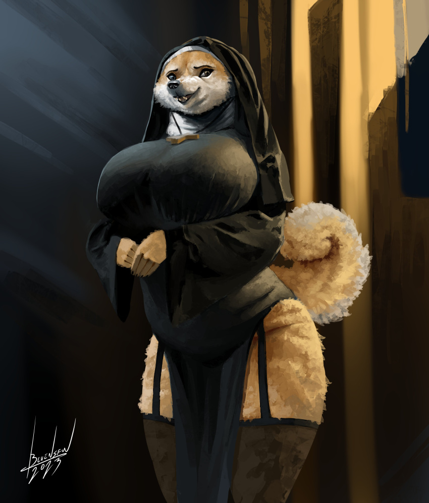 2023 4_fingers absurd_res anthro artist_name big_breasts black_clothing black_legwear black_nose black_stockings black_topwear blulesnsfw breasts brown_eyes canid canine canis claws clothed clothing cross cross_necklace digital_media_(artwork) domestic_dog female fingers fur garter_straps hi_res huge_breasts jewelry legwear mammal necklace nun nun_habit nun_outfit open_mouth portrait shiba_inu smile solo spitz stockings tail tan_body tan_fur teeth thigh_highs tongue topwear