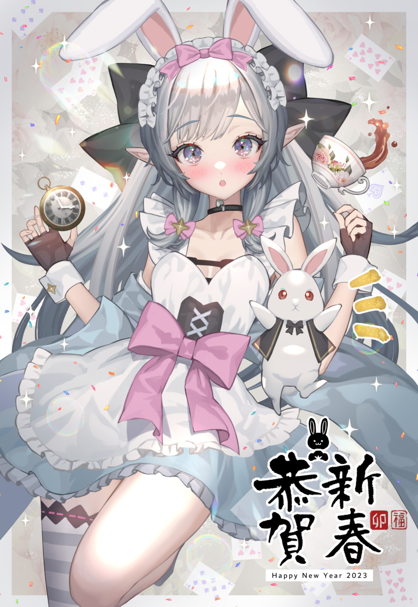 1girl 2023 animal_ears apron asymmetrical_bangs bangs black_bow black_bowtie blush border bow bowtie breasts card chinese_zodiac choker cleavage collarbone cup dress fake_animal_ears fingerless_gloves floral_print frilled_apron frilled_dress frilled_headwear frills gloves grey_hair hair_bow happy_new_year highres hitowa holding holding_pocket_watch long_hair looking_at_viewer maid_apron maid_headdress nengajou new_year original outside_border pink_bow playboy_bunny playing_card pocket_watch pointy_ears purple_eyes rabbit rabbit_ears sidelocks single_thighhigh small_breasts striped striped_thighhighs tea teacup thighhighs two-tone_thighhighs watch wrist_cuffs year_of_the_rabbit