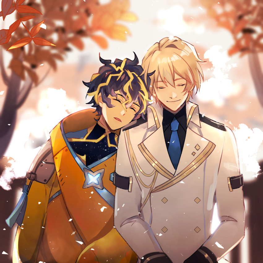 2boys absurdres astel_leda black_shirt blonde_hair blue_bodysuit blue_hair blurry blurry_background bodysuit buttons closed_eyes collared_shirt commission depth_of_field diamond_button double-breasted formal gold_trim hair_between_eyes head_on_another's_shoulder high_collar highres holostars jacket kishido_temma long_sleeves male_focus midorizou multicolored_hair multiple_boys outdoors puffy_sleeves shirt short_hair smile streaked_hair suit upper_body virtual_youtuber wavy_hair white_jacket white_suit yellow_jacket