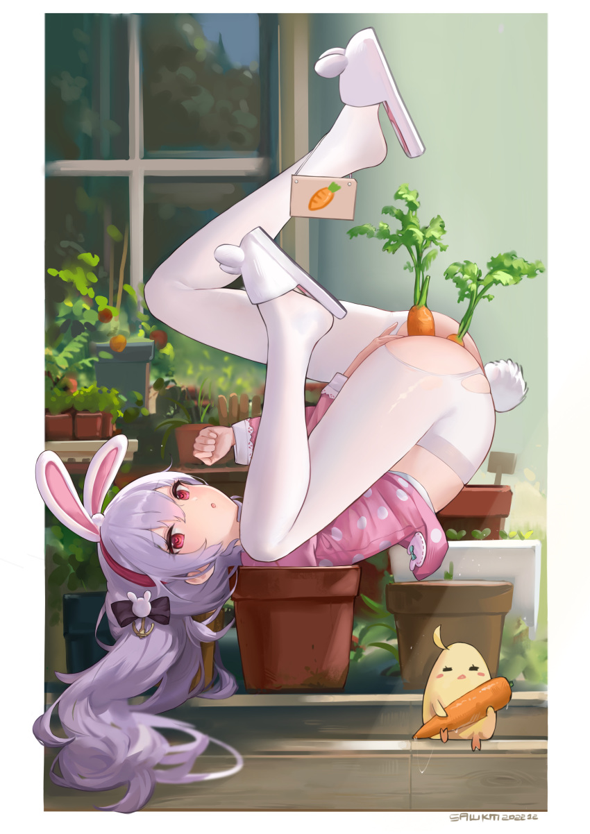 1girl absurdres alternate_costume anal anal_object_insertion animal_ears ass azur_lane between_legs black_bow blush bottomless bow carrot clenched_hand double_penetration fake_animal_ears feet female_masturbation fingering food food_insertion from_side full_body hair_bow hair_ornament hairband hand_between_legs hand_up heart heart-shaped_pupils highres knee_up laffey_(azur_lane) laffey_(sleep_to_clean_another_day)_(azur_lane) legs legs_up long_hair looking_at_viewer lying masturbation messy_hair no_panties object_insertion on_back on_shoulder open_mouth pajamas pajamas_lift pantyhose pink_eyes pink_hairband pink_pajamas plant polka_dot polka_dot_pajamas purple_hair pussy_juice pussy_juice_stain pussy_juice_trail rabbit_ears rabbit_hair_ornament rabbit_tail red_eyes sawkm skindentation slippers solo symbol-shaped_pupils tail thighs top-down_bottom-up torn_clothes torn_pantyhose twintails upside-down vaginal vaginal_object_insertion very_long_hair white_pantyhose