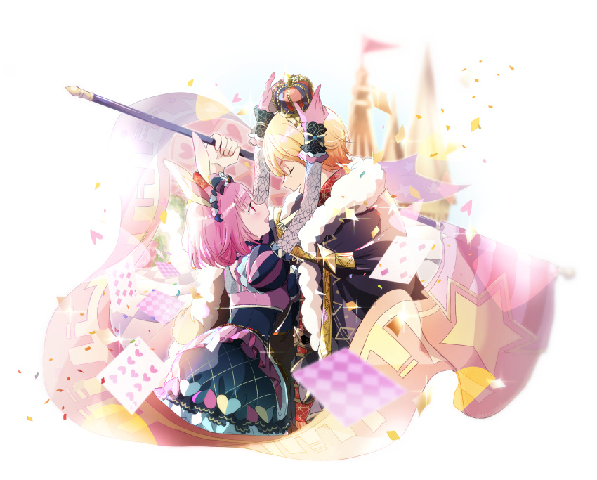 1boy 1girl animal_ears bangs blonde_hair card closed_eyes crown flag fur_collar gradient_hair headwear_request heart highres holding holding_crown holding_flag momomo_(m0_3) multicolored_hair ootori_emu open_mouth orange_hair pink_eyes pink_hair project_sekai rabbit_ears short_hair star_(symbol) tenma_tsukasa