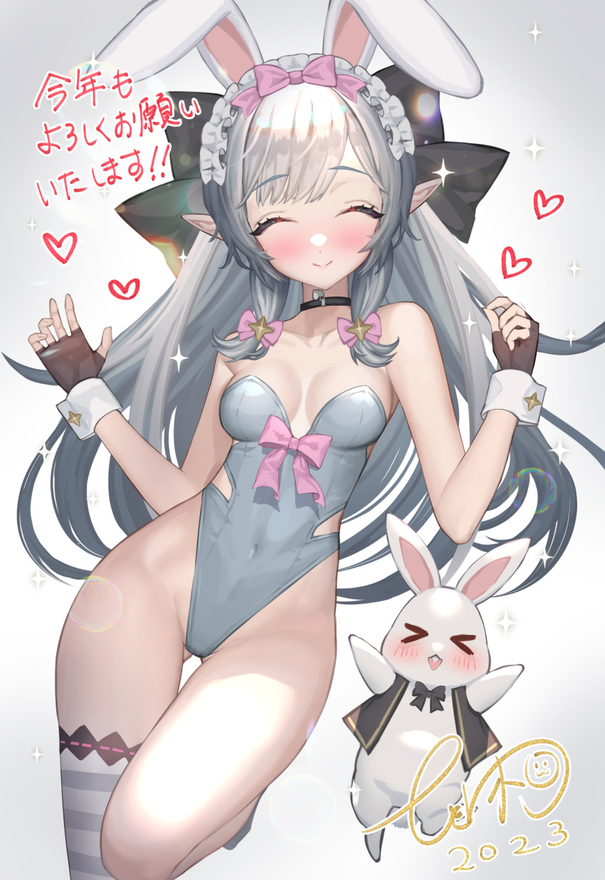 &gt;o&lt; 1girl 2023 ^_^ animal_ears ass_visible_through_thighs asymmetrical_bangs bangs black_bow black_bowtie blush bow bowtie breasts chinese_zodiac choker cleavage closed_eyes collarbone fake_animal_ears fingerless_gloves floral_print frilled_headwear gloves grey_hair grey_leotard hair_bow highleg highleg_leotard highres hitowa leotard long_hair looking_at_viewer maid_headdress original pink_bow playboy_bunny pointy_ears rabbit rabbit_ears sidelocks signature simple_background single_thighhigh small_breasts smile strapless strapless_leotard striped striped_thighhighs thighhighs two-tone_thighhighs wrist_cuffs year_of_the_rabbit