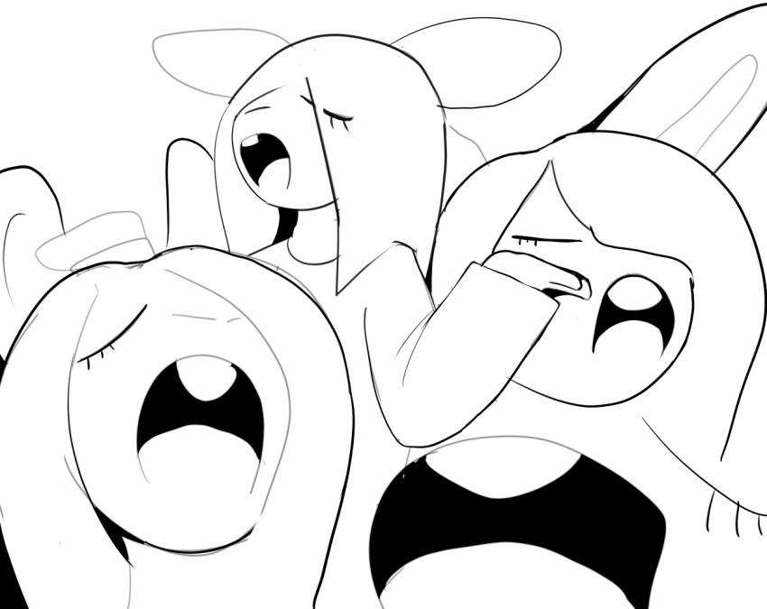 anthro eyelashes eyes_closed hair hair_over_eye janis_(twang) lagomorph leporid long_hair male mammal monochrome one_eye_obstructed open_mouth rabbit raised_arms simple_background sketch solo teeth tongue twang white_background