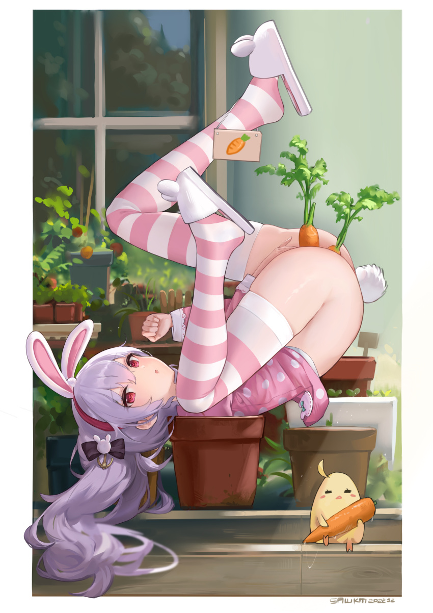 1girl absurdres alternate_costume anal anal_object_insertion animal_ears ass azur_lane between_legs black_bow blush bottomless bow carrot clenched_hand commentary double_penetration fake_animal_ears feet female_masturbation fingering food food_insertion from_side full_body hair_bow hair_ornament hairband hand_between_legs hand_up heart heart-shaped_pupils highres knee_up laffey_(azur_lane) laffey_(sleep_to_clean_another_day)_(azur_lane) legs legs_up long_hair looking_at_viewer lying masturbation messy_hair no_panties object_insertion on_back on_shoulder open_mouth pajamas pajamas_lift pink_eyes pink_hairband pink_pajamas plant polka_dot polka_dot_pajamas purple_hair pussy_juice pussy_juice_stain pussy_juice_trail rabbit_ears rabbit_hair_ornament rabbit_tail red_eyes sawkm skindentation slippers solo striped striped_thighhighs symbol-only_commentary symbol-shaped_pupils tail thighhighs thighs top-down_bottom-up twintails upside-down vaginal vaginal_object_insertion very_long_hair