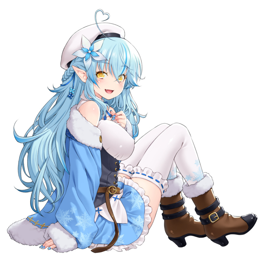 1girl :d absurdres blue_hair blue_nails boots breasts brown_footwear fingernails flower hair_between_eyes hair_flower hair_ornament highres hololive kazuma_muramasa large_breasts long_hair looking_at_viewer nail_polish open_mouth pointy_ears simple_background sitting smile solo virtual_youtuber white_background white_headwear yellow_eyes yukihana_lamy