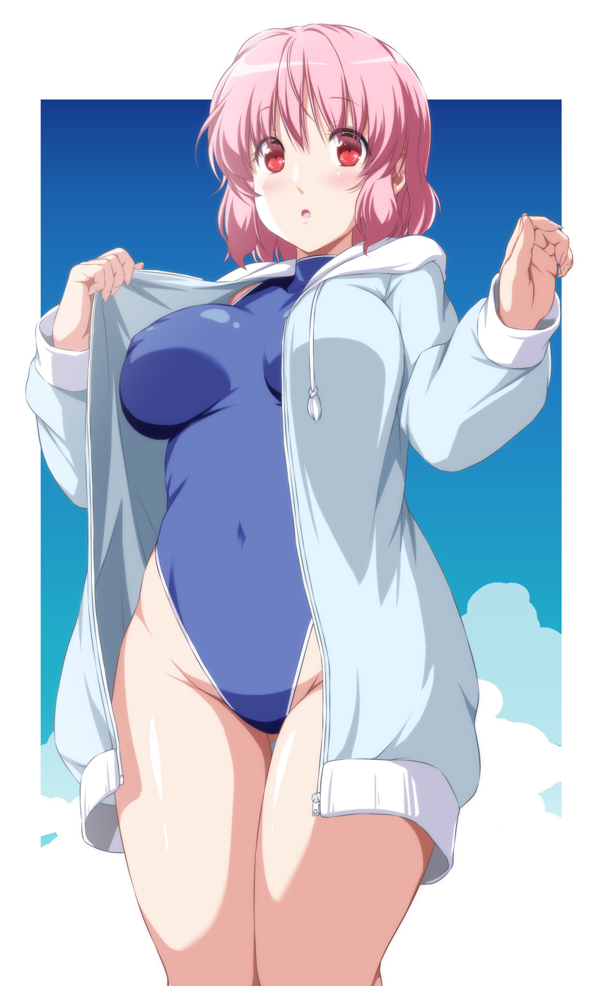 1girl :o absurdres ass_visible_through_thighs blush breasts commentary_request covered_navel covered_nipples cowboy_shot drawstring highleg highleg_swimsuit highres hood hood_down hooded_jacket impossible_clothes impossible_swimsuit jacket large_breasts long_sleeves looking_at_viewer medium_hair nori_tamago one-piece_swimsuit open_clothes open_jacket pink_hair red_eyes saigyouji_yuyuko solo swimsuit thigh_gap thighs touhou