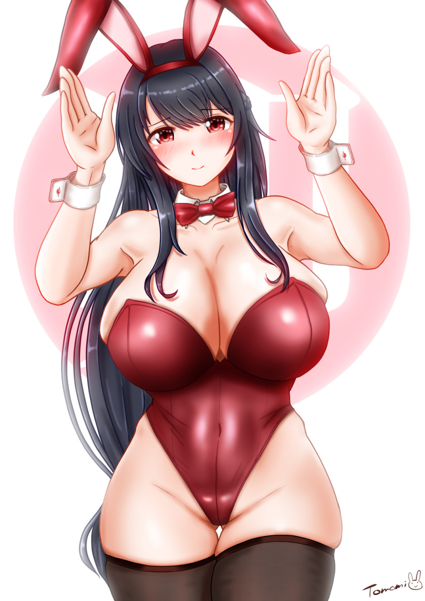 1girl alternate_costume animal_ears ass_visible_through_thighs black_thighhighs bow bowtie breasts detached_collar fake_animal_ears fusou_(kancolle) hairband highleg highleg_leotard highres huge_breasts kantai_collection leotard long_hair playboy_bunny rabbit_ears red_bow red_bowtie red_eyes red_hairband red_leotard solo standing strapless strapless_leotard thighhighs traditional_bowtie ura_tomomi very_long_hair wrist_cuffs