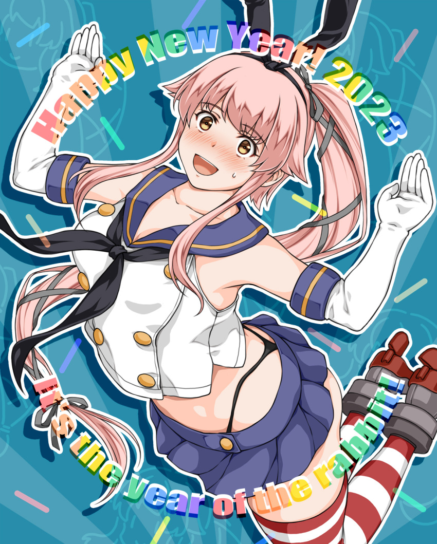 1girl 2023 black_hairband black_neckerchief black_panties blue_sailor_collar blue_skirt breasts brown_eyes chinese_zodiac cosplay crop_top elbow_gloves english_text gloves hair_flaps hair_ribbon hairband happy_new_year highleg highleg_panties highres kantai_collection long_hair medium_breasts microskirt mixed-language_commentary neckerchief panties pink_hair ponytail ribbon sailor_collar shimakaze_(kancolle) shimakaze_(kancolle)_(cosplay) skirt solo striped striped_thighhighs suda_(yuunagi_enikki) thighhighs thong underwear very_long_hair white_gloves year_of_the_rabbit yura_(kancolle)