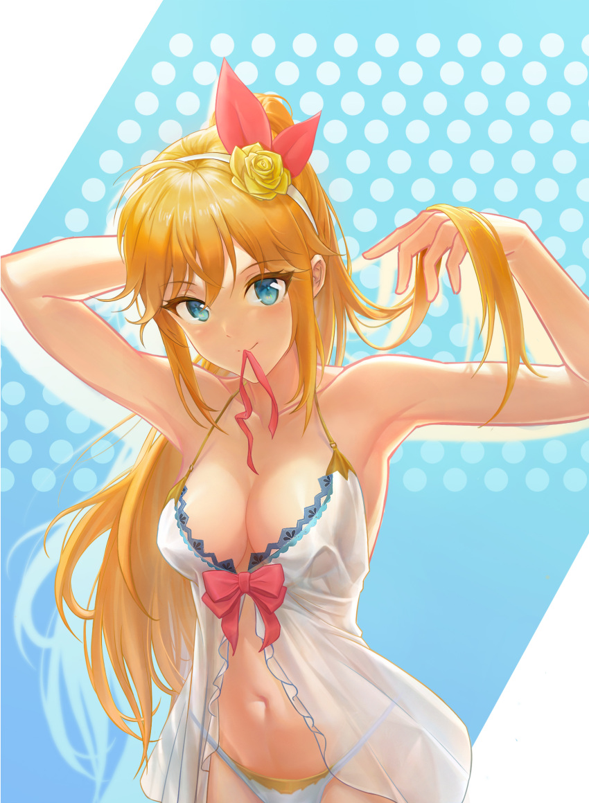 1girl adjusting_hair arm_up armpits babydoll bangs bare_shoulders blonde_hair blue_background blue_eyes bow breasts character_request chinese_commentary cleavage closed_mouth collarbone commentary_request cowboy_shot fate/grand_order fate_(series) flower hair_bow hair_flower hair_ornament hair_ribbon hairband highres large_breasts long_hair looking_at_viewer mouth_hold navel panties polka_dot polka_dot_background ponytail red_bow red_ribbon ribbon see-through siebencooper smile standing stomach underwear white_hairband white_panties