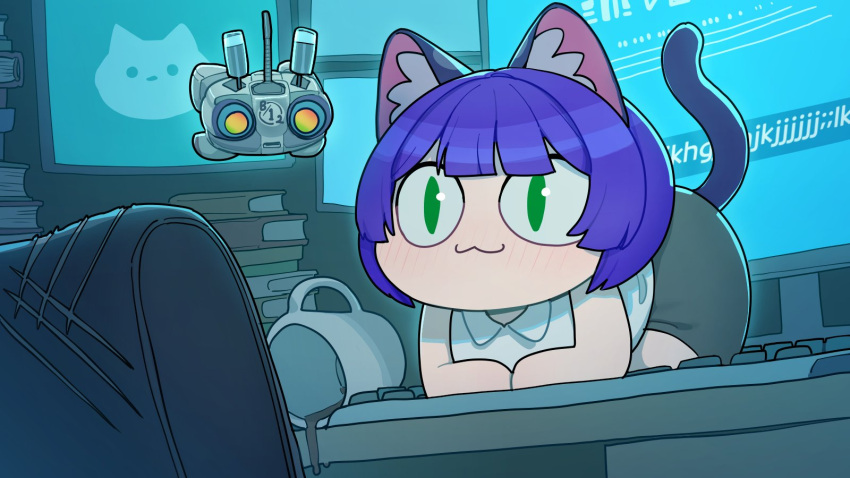 1girl :3 animal_ears bob_cut book book_stack cat_ears cat_girl cat_tail chair chibi claw_mark coffee_mug cup desk green_eyes highres indie_virtual_youtuber keyboard_(computer) monitor mug non-humanoid_robot on_desk podone purple_hair robot short_hair sitting slit_pupils smile solo sparrowl spill tail tail_raised