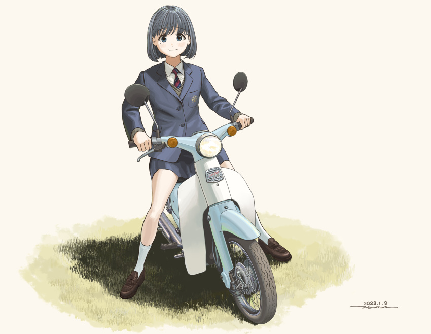 1girl black_hair blazer blue_eyes eniwa_shii grass ground_vehicle highres honda_super_cub horikou jacket medium_hair mole mole_under_eye motor_vehicle necktie riding school_uniform scooter simple_background smile solo super_cub