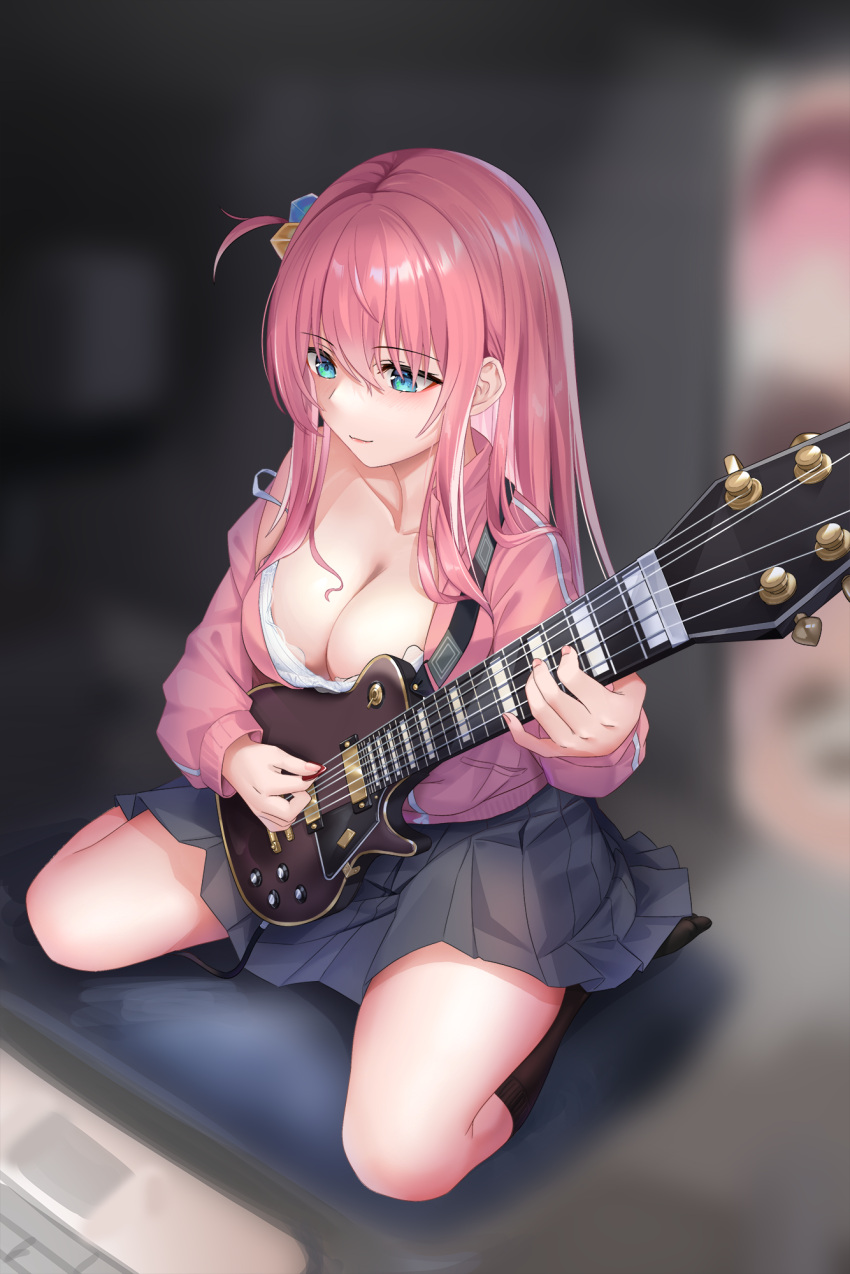1girl bangs black_socks blue_eyes blurry blurry_background blush bocchi_the_rock! bra breasts cleavage closed_mouth collarbone cube_hair_ornament depth_of_field electric_guitar full_body gibson_les_paul gotou_hitori grey_skirt guitar hair_between_eyes hair_ornament highres holding holding_instrument instrument jacket kousaki_natsu large_breasts long_hair long_sleeves music no_shoes off_shoulder one_side_up pink_hair pink_jacket playing_instrument pleated_skirt sidelocks sitting skirt socks solo track_jacket underwear wariza white_bra