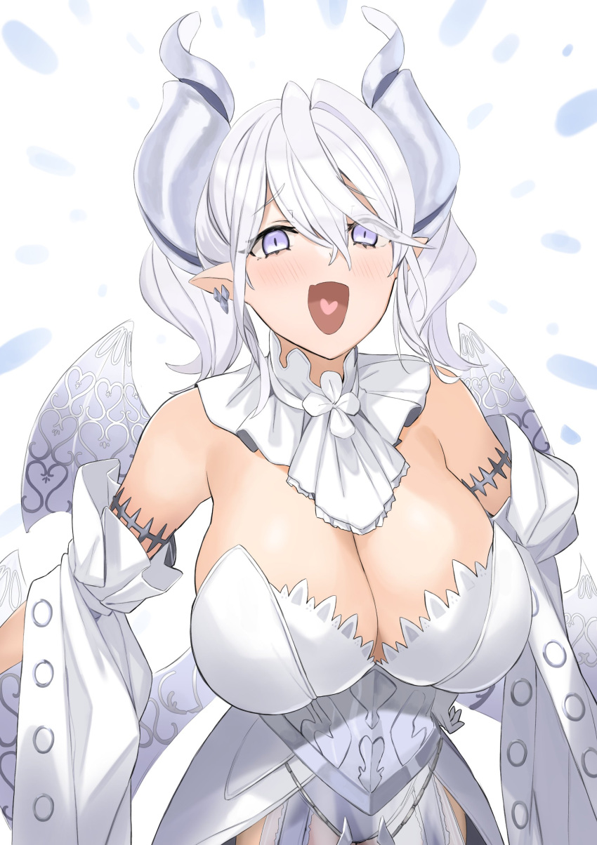 1girl absurdres blush breasts cleavage corset detached_sleeves duel_monster earrings ganesagi grey_eyes grey_hair hair_between_eyes heart heart_in_mouth highres horns jewelry large_breasts laughing looking_at_viewer lovely_labrynth_of_the_silver_castle medium_hair pointy_ears solo twintails upper_body wings yu-gi-oh!