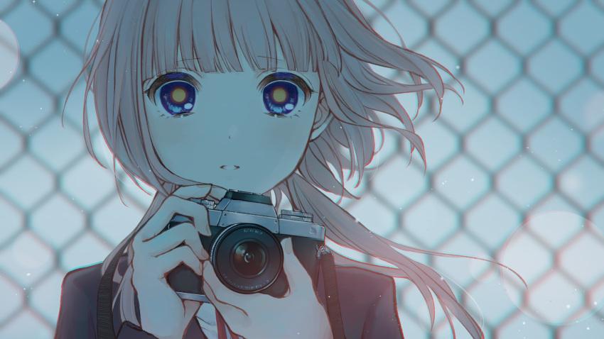 1girl bangs black_jacket blazer blue_eyes blue_sky blunt_bangs blurry blurry_background camera chain-link_fence day fence floating_hair hair_over_shoulder hands_up highres holding holding_camera jacket kaf_(kamitsubaki_studio) kamitsubaki_studio lens_flare light_particles low_twintails medium_hair memori_(egachachachan) multicolored_eyes neck_ribbon parted_lips pink_hair raised_eyebrows red_eyes red_ribbon ribbon school_uniform shade shirt sky solo twintails white_shirt yellow_pupils