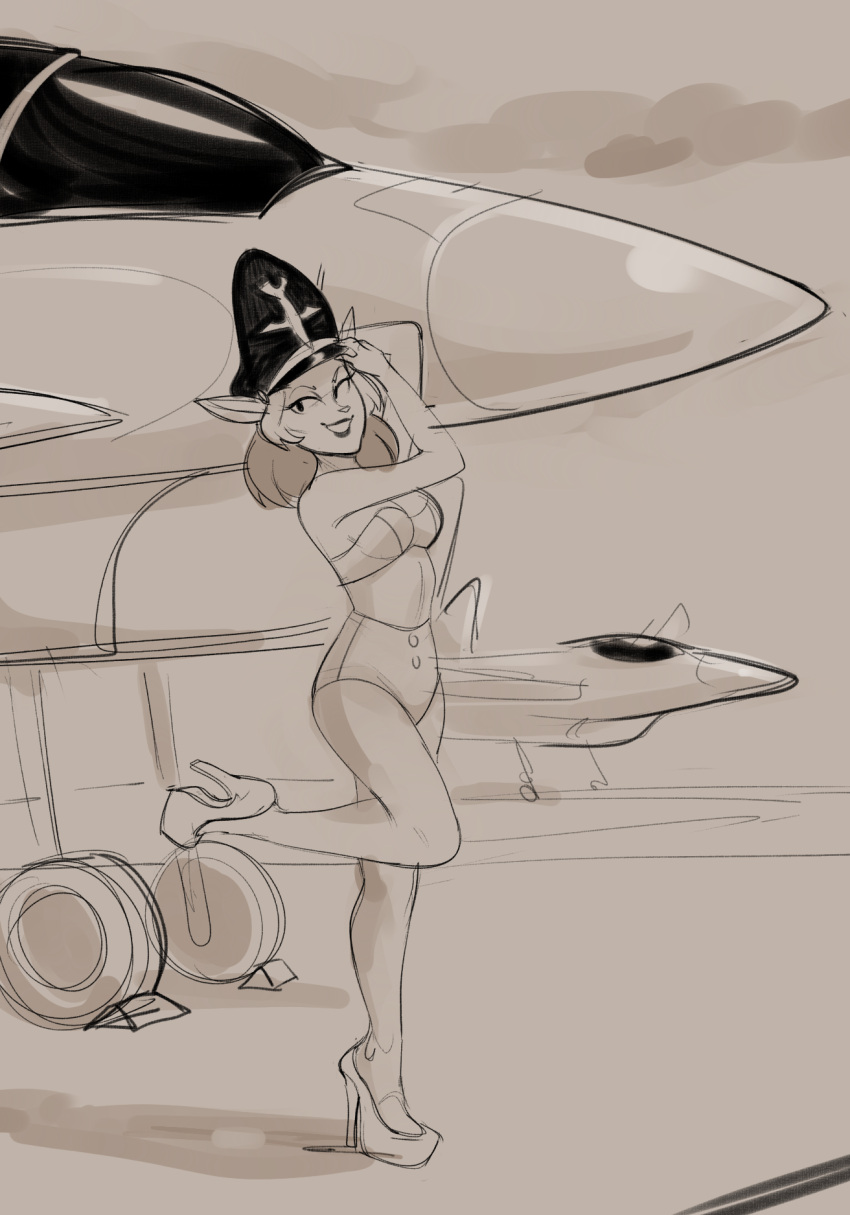 2021 adjusting_hat aircraft airplane anthro bent_arm bent_leg bra breasts cleavage clothed clothing curved_eyebrows dbaru detailed_background digital_media_(artwork) domestic_cat eyebrows eyelashes felid feline felis female fingers footwear full-length_portrait fully_clothed hair hanna-barbera hat headgear headwear hi_res high_heels jet lipstick long_hair looking_at_viewer makeup mammal medium_breasts monochrome multicolored_hair on_one_leg outside panties platform_footwear platform_heels portrait pose prick_ears sepia shadow sketch smile smiling_at_viewer solo standing straight_leg swat_kats three-quarter_view turmoil two_tone_hair underwear