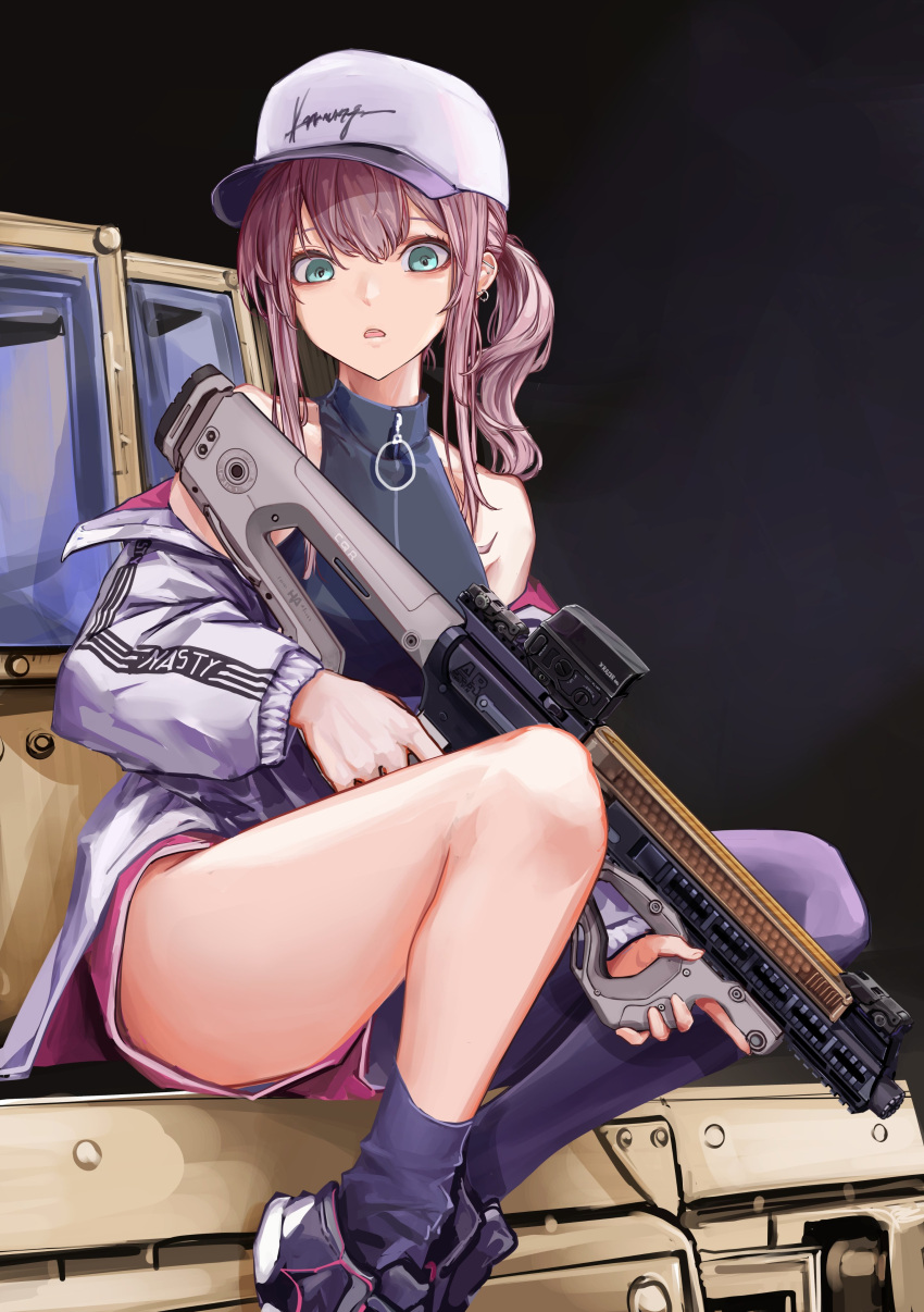 1girl absurdres aqua_eyes ar-57 ar-57_(girls'_frontline) assault_rifle bangs bare_shoulders baseball_cap black_background black_shirt black_socks black_thighhighs breasts commentary crop_top ear_piercing foot_out_of_frame girls'_frontline gun hat highres holding holding_gun holding_weapon jacket jacket_pull lithographica long_hair long_sleeves looking_at_viewer medium_breasts open_clothes open_jacket open_mouth piercing pink_hair pink_shorts rifle shirt shorts side_ponytail sidelocks single_sock single_thighhigh sitting socks solo thighhighs track_jacket weapon white_headwear white_jacket