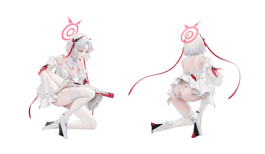 1girl absurdres ass back bare_shoulders breasts cleavage detached_sleeves drake_(nikke) goddess_of_victory:_nikke gun hair_ornament halo high_heels highres holding holding_gun holding_weapon kneeling multiple_views ohisashiburi red_eyes see-through simple_background thighhighs weapon white_background white_hair white_thighhighs