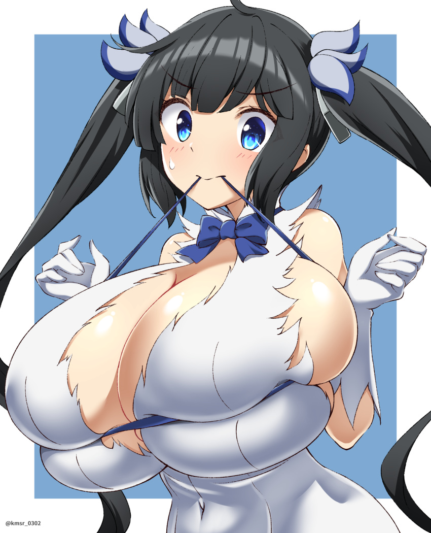 bangs black_hair blue_eyes blush breasts cleavage commentary_request covered_navel dress dungeon_ni_deai_wo_motomeru_no_wa_machigatteiru_darou_ka gloves hair_ribbon hestia_(danmachi) highres huge_breasts kamishiro_(rsg10679) long_hair looking_at_viewer mouth_hold rei_no_himo ribbon simple_background skindentation standing tight tight_dress twintails twitter_username upper_body white_dress white_gloves