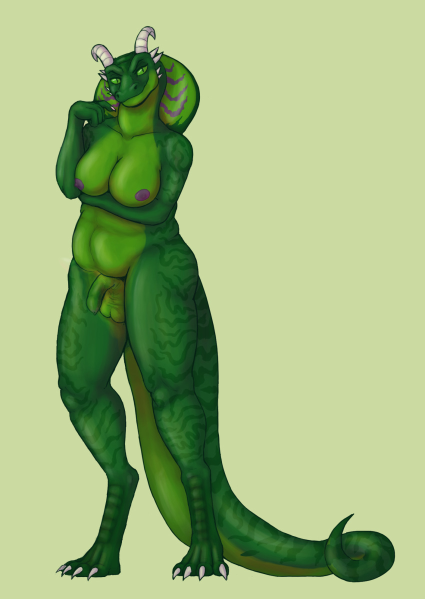 2022 anthro artemis_drakux balls biped breasts claws cobra digital_media_(artwork) dragon foreskin genitals green_body green_eyes gynomorph hi_res hood horn hybrid intersex long_foreskin looking_at_viewer nipples nude penis reptile scalie simple_background slightly_chubby smile snake solo standing tail thick_thighs