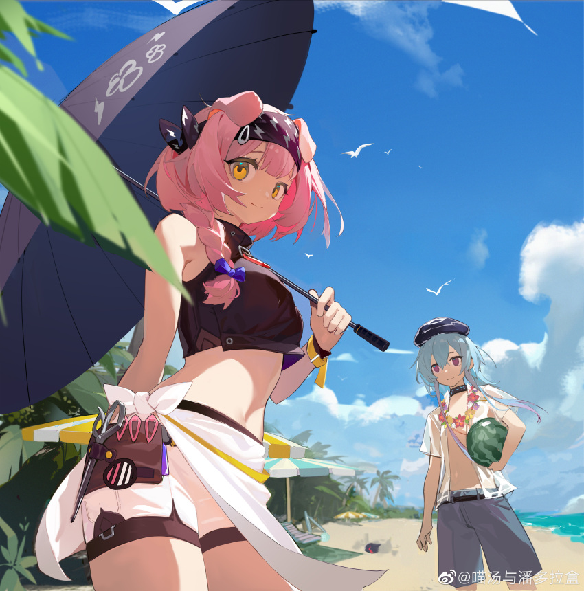 1boy 1girl absurdres animal arknights ball bangs bare_shoulders beach beachball beret bird black_collar black_umbrella blue_bow blue_hair blue_headwear blue_sky bow braid breasts carrying carrying_under_arm chair closed_mouth cloud collar commentary_request day flower flower_necklace goldenglow_(arknights) grey_male_swimwear hair_between_eyes hair_bow hair_over_shoulder hat highres holding holding_ball holding_umbrella lei long_hair lounge_chair male_swimwear medium_breasts miao_tang_yu_panduola_he mizuki_(arknights) open_clothes open_shirt orange_eyes outdoors parasol pink_hair purple_eyes red_flower sand see-through shirt short_shorts short_sleeves shorts single_braid sky smile swim_trunks umbrella water watermark watermelon_beachball white_flower white_shirt white_shorts yellow_flower