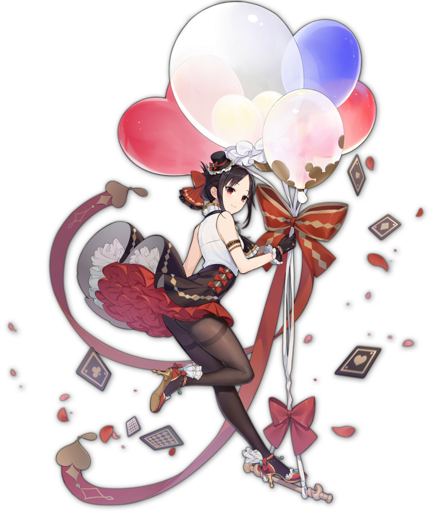 1girl arm_garter artist_request balloon bangs black_hair black_pantyhose bow card closed_mouth dress full_body gloves hair_ribbon hat high_heels highres holding holding_balloon kaguya-sama_wa_kokurasetai_~tensai-tachi_no_renai_zunousen~ mahjong_soul mini_hat mini_top_hat official_alternate_costume official_art pantyhose parted_bangs petals playing_card red_bow red_eyes red_ribbon ribbon shinomiya_kaguya short_hair sidelocks solo thighband_pantyhose top_hat transparent_background