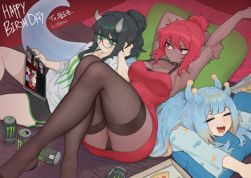 3girls armpits bags_under_eyes black_choker black_hair black_panties blue_hair borrowed_character breasts brown_thighhighs character_request choker closed_mouth colored_inner_hair crossed_legs dark-skinned_female dark_skin dolphin_shorts dress earrings green_eyes hair_bun happy_birthday highres horns jewelry large_breasts large_tail lying lying_on_person mole mole_on_breast mole_on_leg mole_under_eye monster_energy multicolored_hair multiple_girls on_stomach open_mouth original pajamas panties pillow pointy_ears ponytail reading red_dress red_eyes red_hair sharp_teeth shirt short_dress short_sleeves shorts sidelocks single_hair_bun sparrowl spiked_choker spikes stretching tablet_pc tail teeth tentacle_hair thighhighs underwear white_shirt