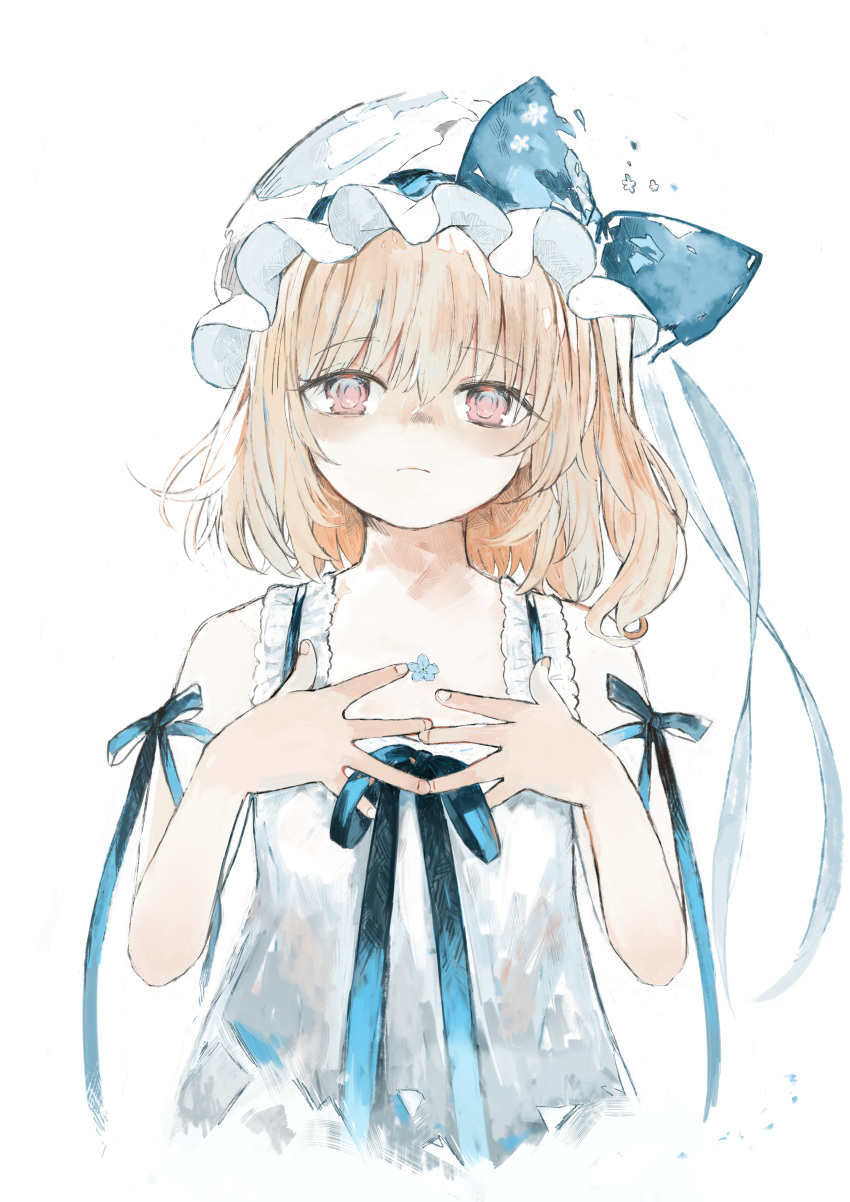 1girl absurdres alternate_color bangs blue_bow blue_flower blue_ribbon bow closed_mouth cropped_torso fingernails flandre_scarlet flat_chest flower forget-me-not_(flower) frown hat hat_bow highres looking_at_viewer medium_hair mob_cap neck_ribbon niseneko_(mofumofu_ga_ienai) no_wings one_side_up pink_eyes ribbon short_sleeves simple_background solo touhou upper_body white_background