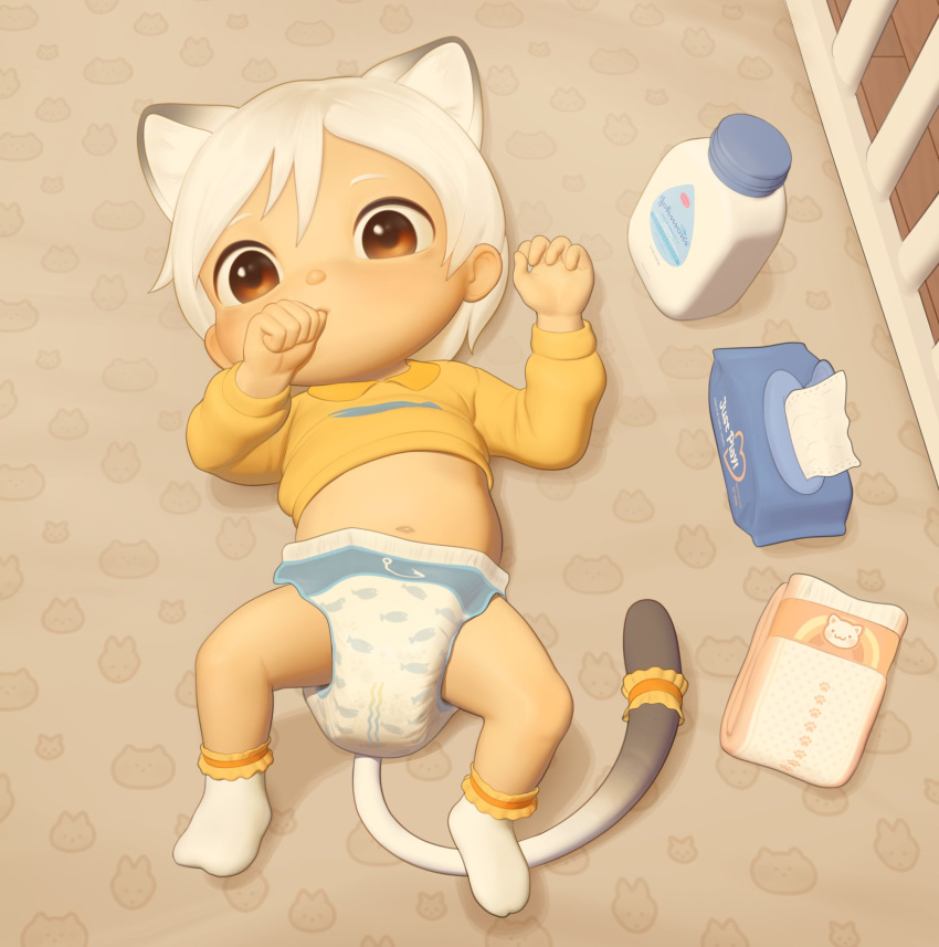 ambiguous_gender animal_humanoid baby_powder baby_wipes bed bodily_fluids cat_humanoid child clothing crib diaper diaper_change felid felid_humanoid feline feline_humanoid felyn footwear furniture genital_fluids hi_res humanoid looking_at_viewer lying mammal mammal_humanoid navel on_back shirt_up socks solo sucking thumb_suck toddler unfastened_diaper urine wet_diaper wetting young