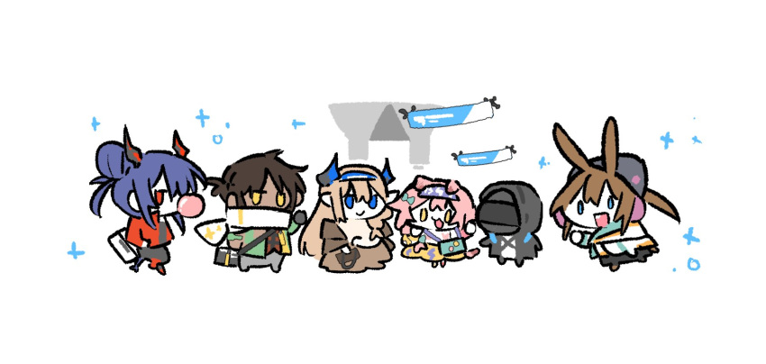 1boy 1other 4girls amiya_(arknights) arknights blue_eyes blue_hair brown_hair cat_girl ch'en_(arknights) chewing_gum chibi dark-skinned_male dark_skin doctor_(arknights) goldenglow_(arknights) highres multiple_girls pink_hair rabbit_girl saileach_(arknights) scarf shidare_(youh4016) simple_background smile thorns_(arknights) white_background yellow_eyes