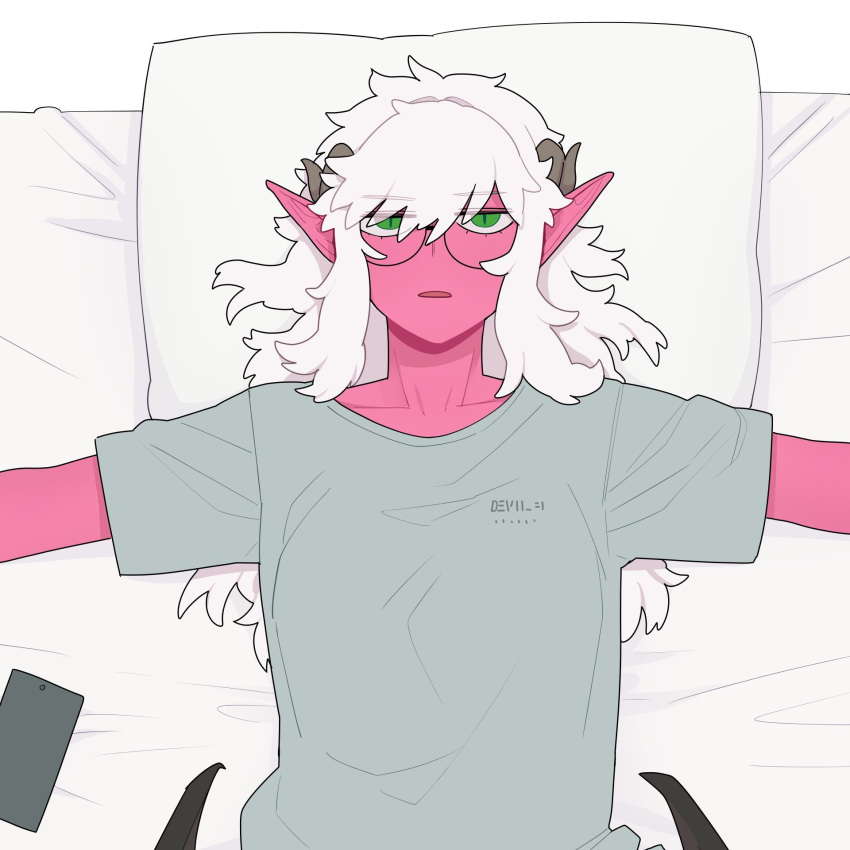 1girl cellphone colored_skin demon_girl glasses green_eyes grey_shirt highres horns jitome long_hair looking_at_viewer low_wings lying on_back original outstretched_arms parted_lips phone pillow pink_skin pointy_ears round_eyewear shirt short_sleeves sioban_(sparrowl) smartphone solo sparrowl spread_arms upper_body white_hair wings