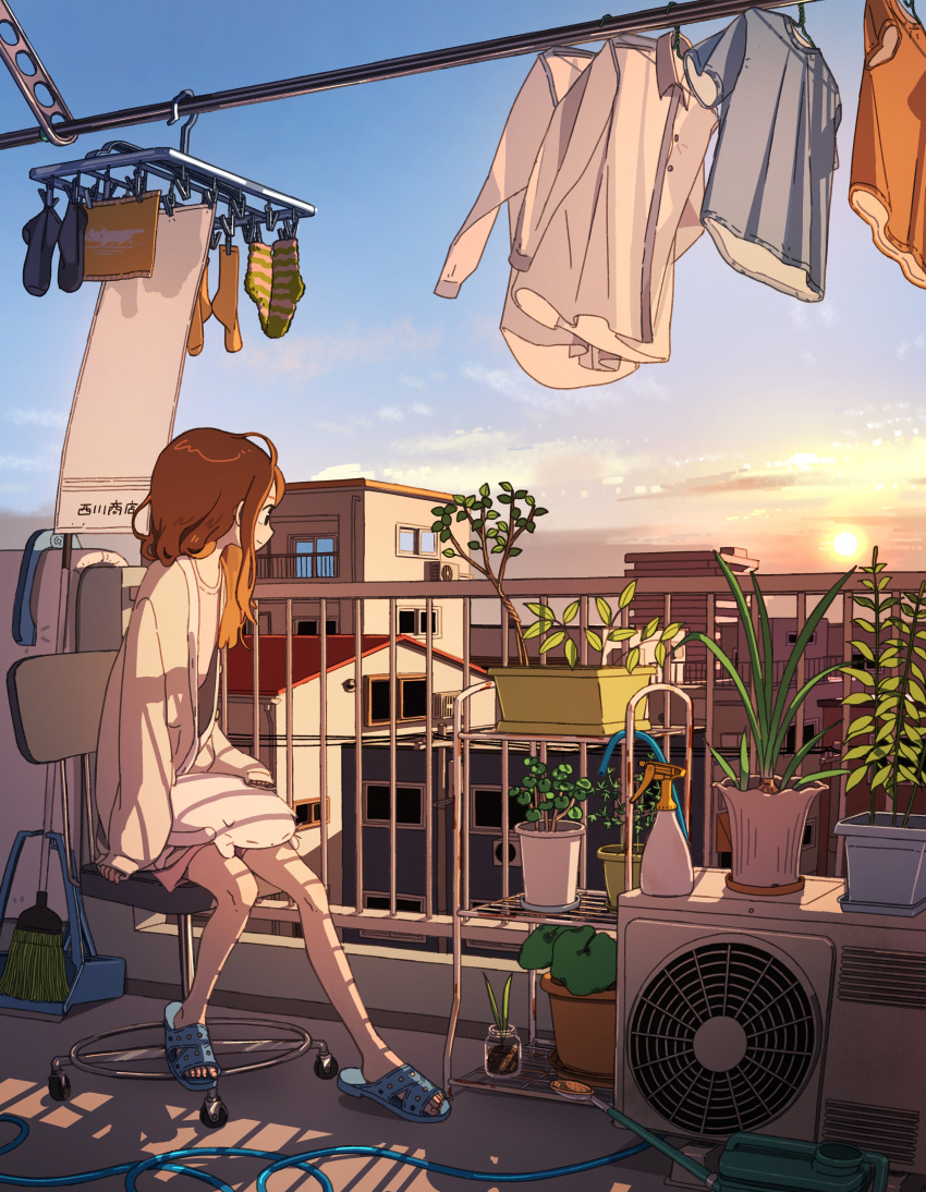 1girl absurdres animal_on_lap bottle broom cat chair clothes_hanger collared_shirt day highres long_sleeves office_chair on_lap original outdoors patio plant potted_plant sandals shirt sitting sky sleeves_past_wrists smile socks solo spray_bottle tao_(tao15102) towel white_shirt