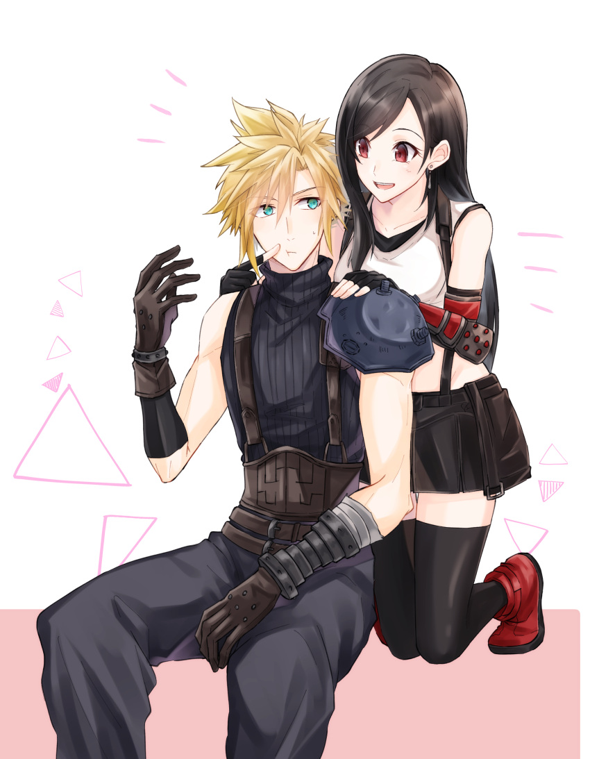 1boy 1girl absurdres arm_guards armor bangs bare_shoulders black_gloves black_hair black_skirt black_thighhighs blonde_hair blue_eyes boots cheek_poking cloud_strife crop_top earrings final_fantasy final_fantasy_vii final_fantasy_vii_remake fingerless_gloves gloves hand_on_another's_shoulder hand_up highres jewelry kneeling long_hair looking_at_another mizuamememe open_mouth poking red_eyes red_footwear ribbed_sweater shoulder_armor single_bare_shoulder single_earring sitting skirt spiked_hair suspender_skirt suspenders sweatdrop sweater swept_bangs tank_top teeth thighhighs tifa_lockhart turtleneck turtleneck_sweater upper_teeth_only white_tank_top zettai_ryouiki