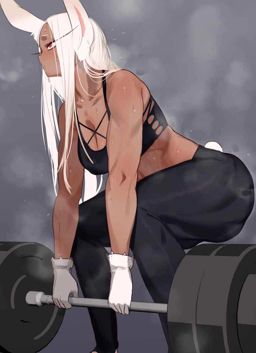 1girl absurdres animal_ears bangs barbell bare_shoulders biceps black_pants black_sports_bra blush boku_no_hero_academia breasts cleavage collarbone dark-skinned_female dark_skin exercise gloves highres kikimifukuri large_breasts long_eyelashes long_hair mirko muscular muscular_female navel pants parted_bangs rabbit_ears rabbit_girl rabbit_tail red_eyes solo sports_bra squatting sweat tail thighs tight tight_pants toned weightlifting white_gloves white_hair yoga_pants