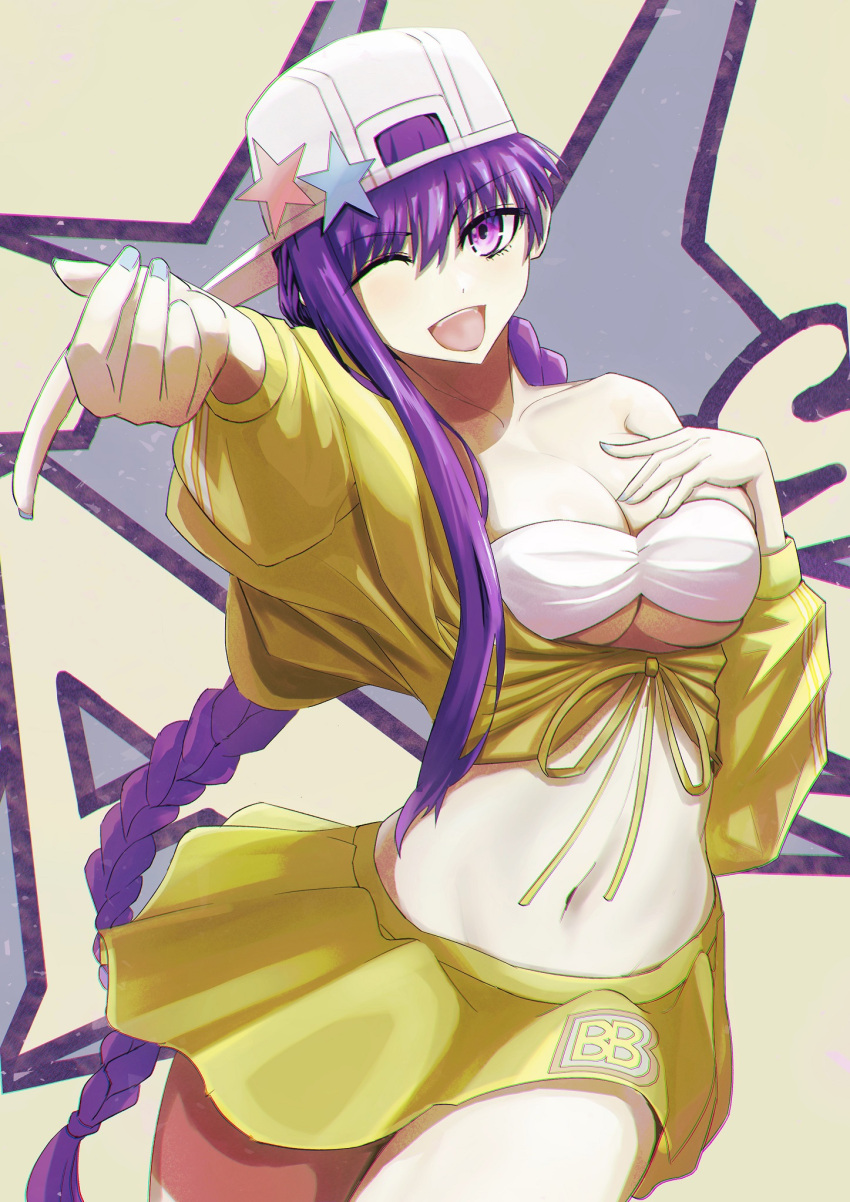 1girl asymmetrical_hair bandeau bangs bare_shoulders baseball_cap bb_(fate) bb_(swimsuit_mooncancer)_(fate) bb_(swimsuit_mooncancer)_(first_ascension)_(fate) blush braid breasts cleavage collarbone cropped_jacket fate/grand_order fate_(series) hat hat_ornament highres jacket kugiseiichi large_breasts long_hair long_sleeves looking_at_viewer midriff miniskirt open_mouth purple_eyes purple_hair single_braid skirt smile solo star_(symbol) star_hat_ornament thighs very_long_hair white_headwear yellow_jacket yellow_skirt