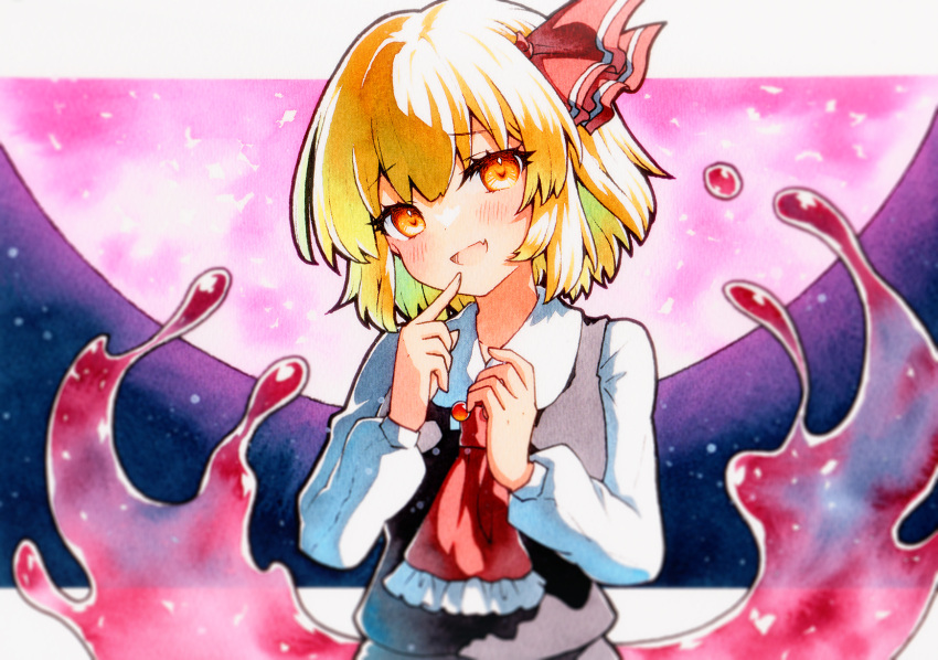 1girl :d ambiguous_red_liquid ascot bangs black_vest blonde_hair collared_shirt commentary_request fang finger_to_mouth hair_ribbon hands_up head_tilt highres long_sleeves looking_at_viewer medium_hair moon open_mouth orange_eyes qqqrinkappp red_ascot red_ribbon ribbon rumia shirt skin_fang smile solo touhou traditional_media upper_body vest white_shirt