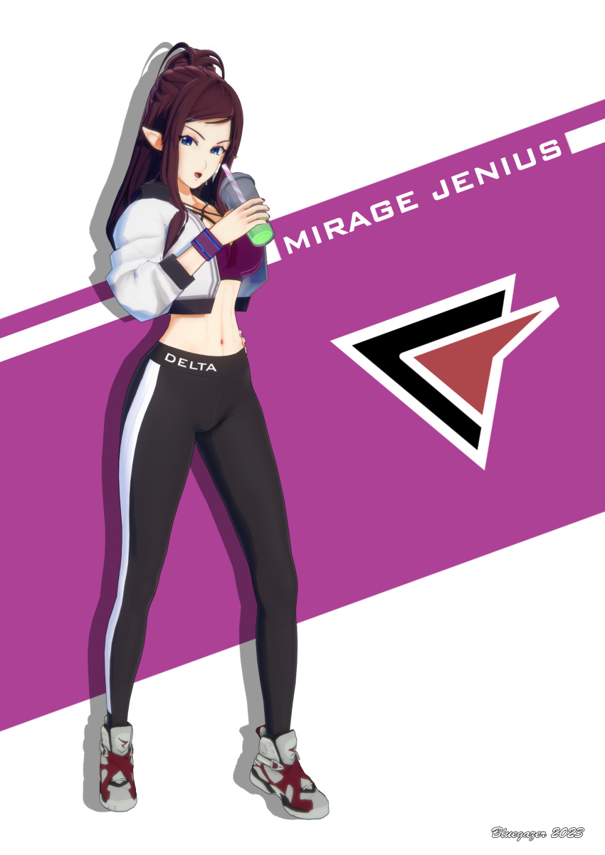 1girl absurdres blue_eyes character_name emblem highres jacket jehuty001 koikatsu koikatsu_(medium) leggings looking_at_viewer macross macross_delta mirage_farina_jenius pointy_ears ponytail purple_hair science_fiction shoes smoothie sneakers solo tank_top wristband