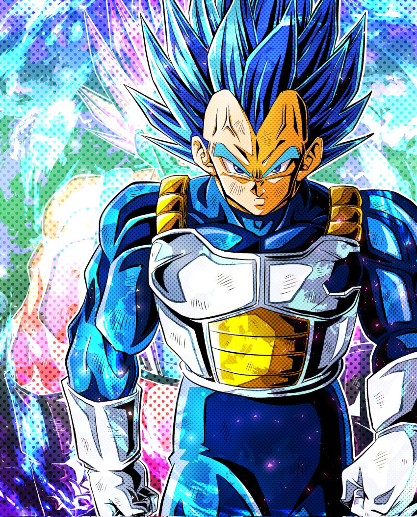 1boy armor biceps blue_bodysuit blue_eyes blue_gloves blue_hair bodysuit closed_mouth collarbone commentary_request dragon_ball dragon_ball_super gloves halftone highres light_particles looking_at_viewer male_focus multicolored_background muscular muscular_male pectorals saiyan_armor serious solo spiked_hair standing super_saiyan super_saiyan_blue ushi_(akabec0) v-shaped_eyebrows vegeta veins